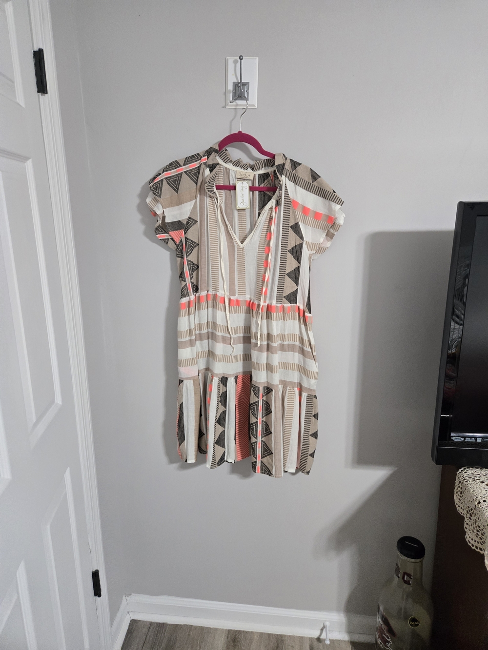 Striped Geo-Print Midi Dress in Beige with Neon Coral Accents